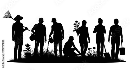 Silhouette of Gardening Team Working Together, Planting Flowers and Plants in Garden, Community Project, Eco-Friendly Lifestyle and Sustainable Living