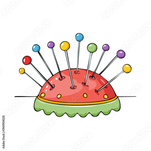 Colorful pincushion holding many sewing pins with round heads