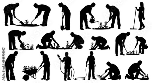 Silhouette Gardeners Working, A Variety of Gardening Activities: A Versatile Image for Landscaping, Horticulture, and Agriculture Projects, Ideal for Educational or Promotional Materials