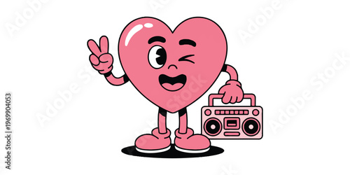 A cartoon illustration of a pink heart character with a happy expression, winking eye, and a wide smile 
