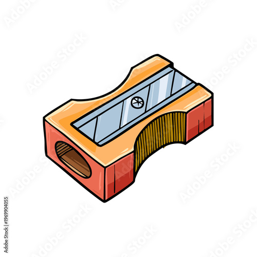 Hand-drawn illustration of a classic orange pencil sharpener with a metal blade