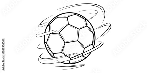 A simple black and white line drawing of a soccer ball spinning rapidly in the middle of the air Vector, illustration