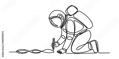 A single continuous line drawing of a kneeling astronaut sketching a series of infinity symbols. Vector, illustration