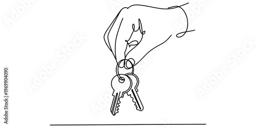 A single line drawing of a human hand holding a pair of metallic keys against a white background Vector, illustration