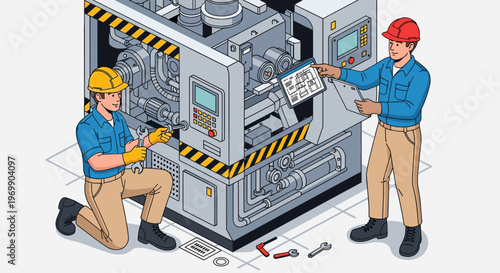 Isometric Industrial Maintenance: Engineers Repairing Machinery with Tablet Inspection, Cartoon Illustration for Manufacturing & Industry Applications (126 characters)