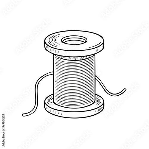 Vintage spool of thread illustration with flowing ends, hand-drawn sketch style, isolated on white