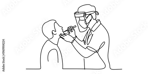 A single continuous line drawing of a doctor performing a medical throat examination on a patient Vector, illustration