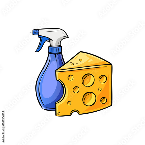 Cartoon cheese wedge with spray bottle for cleaning or sanitizing