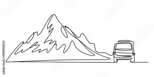 A single continuous line drawing of a small vehicle driving along a large mountain landscape base. Vector, illustration