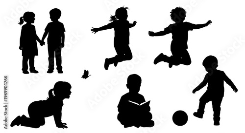 Silhouette Playtime: A Collection of Childhood Moments in Black and White - Joyful Kids Playing, Reading, Jumping, and Exploring, Perfect for Educational Materials and Children's Illustrations