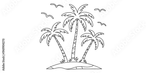 A simple black and white line art drawing featuring three palm trees on a small tropical island Vector, illustration