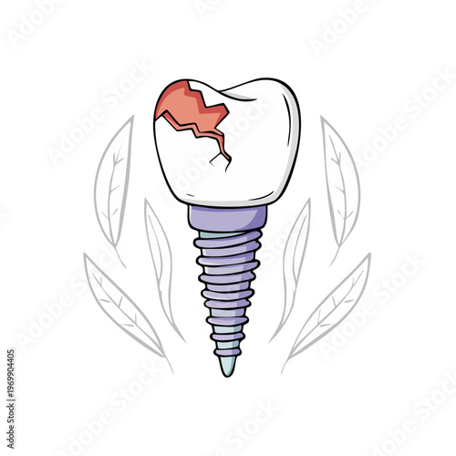 Damaged tooth implant with cracked enamel and root structure depicted in cartoon style with leaf outlines