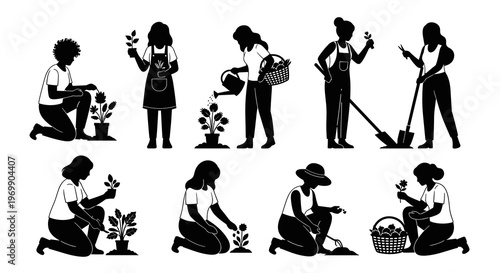 Diverse Women Gardening Silhouettes: A Vector Illustration for Sustainable Living, Eco-Friendly Lifestyle, and Horticultural Projects, Perfect for Branding and Design