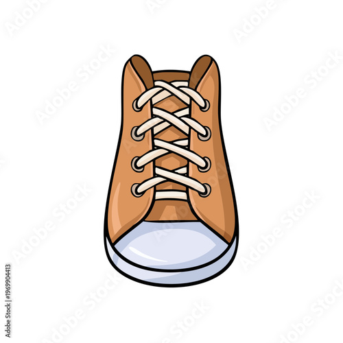 Cartoon Style Brown High-Top Sneaker with White Laces Isolated on White
