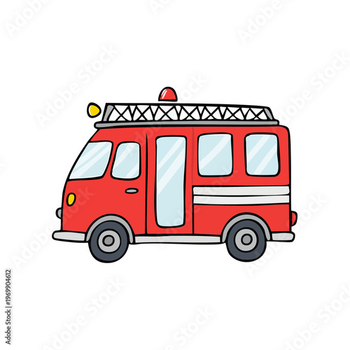 Red cartoon fire truck with ladders and lights on top side view