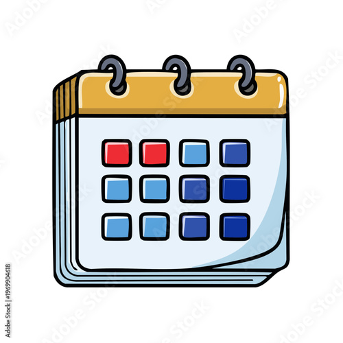 Cartoon illustration of a simple desk calendar with yellow binding and blue and red squares representing dates