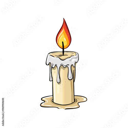 Cartoon style illustration of a lit candle with dripping wax and a flickering flame