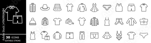Clothing icon set. T-shirt, pants, jacket, dress, short, shirt symbols. Editable Stroke
