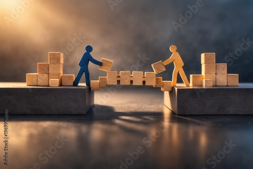 Two people building wooden bridge with blocks symbol of cooperation teamwork and problem solving