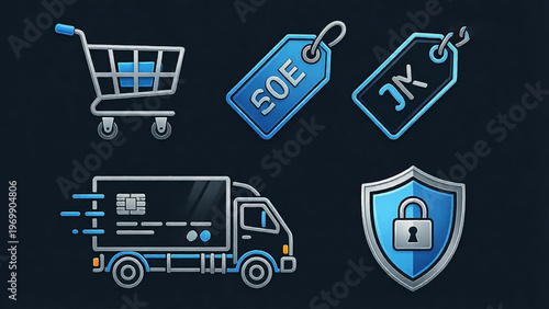 Set of digital e-commerce icons featuring a shopping cart, price tags, delivery truck, and a secure lock shield on a dark background