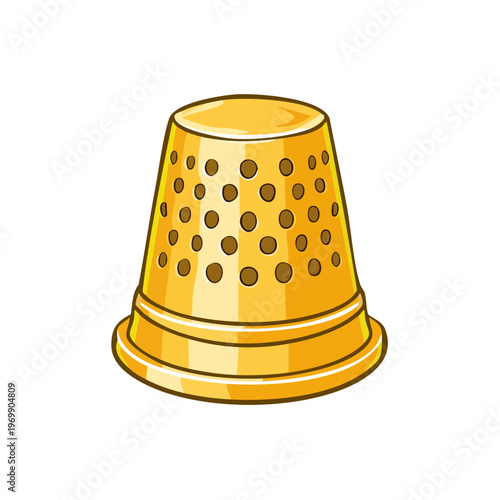 Golden sewing thimble with perforated pattern and textured rim isolated on white background for crafting