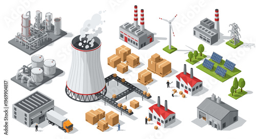 Isometric Industrial Cityscape Illustration: Sustainable Manufacturing, Energy Production, and Supply Chain Optimization for Eco-Friendly Business Solutions