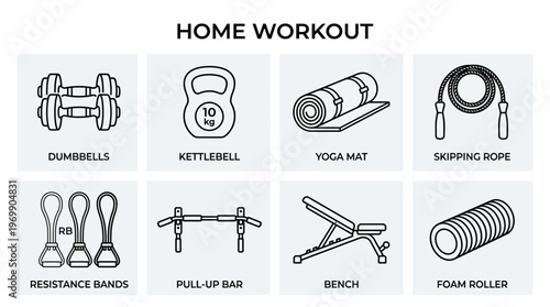 Home workout icons: dumbbells, kettlebell, mat, rope, bands, pull-up bar, bench, roller.