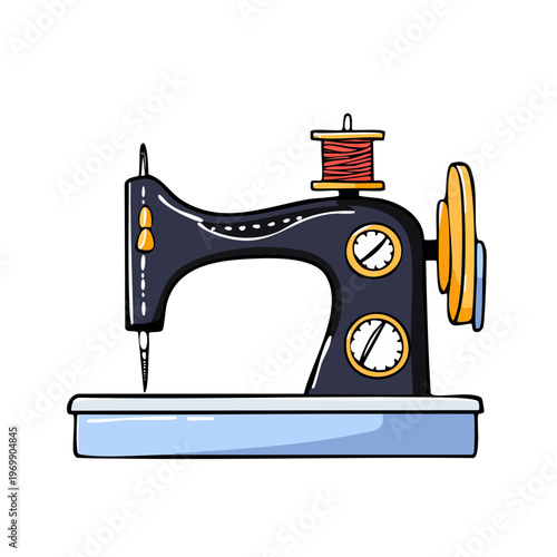 Retro style sewing machine with thread spool and needle ready to sew textile craft