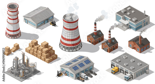 Isometric Factory Illustration: Diverse Industrial Buildings for Manufacturing, Energy Production, and Logistics in a Sustainable and Modern Design