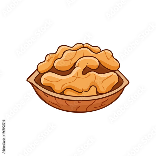 Hand drawn illustration of a single walnut half filled with golden kernels