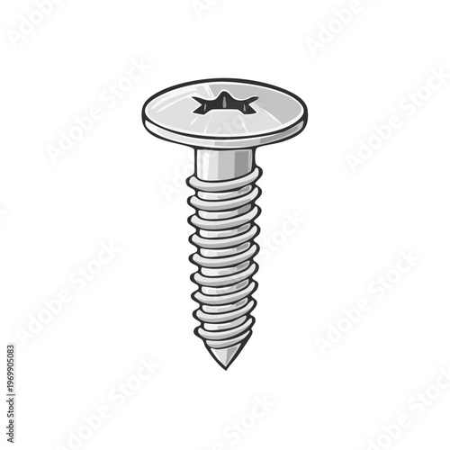Metal screw with a pointed tip and a cross-shaped slot head for fastening
