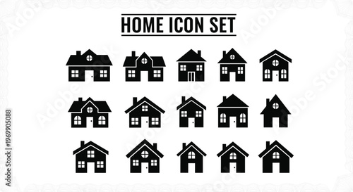 Home icon set collection, black silhouette house designs, real estate architecture symbols, residential building vector pack, housing graphic illustration bundle