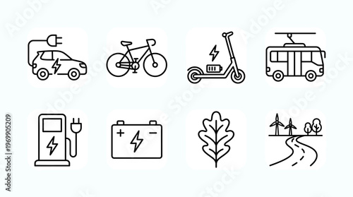 Eco transport icons: electric car, bike, charging station, bus, scooter, battery, leaf, route.