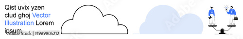 Cloud computing, data storage, synergy, teamwork, equality, productivity. Minimalist cloud shapes and business people balancing scales. Cloud computing and equality visually
