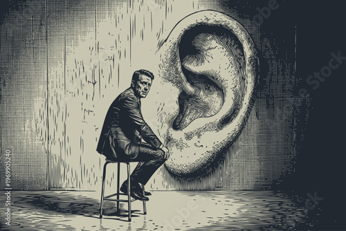Vector illustration of a man sitting on a stool beside a giant human ear on a textured wall. Surreal concept of listening, surveillance and secrets.