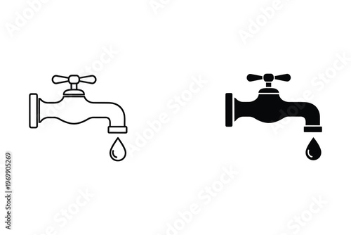 Two black and white icons of water faucets with dripping water, symbolizing water waste and conservation issues.