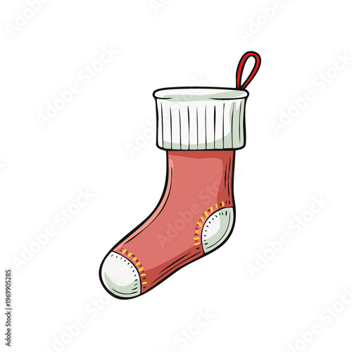 Hand-drawn Christmas stocking with festive red and white design, ready for holiday gifts.