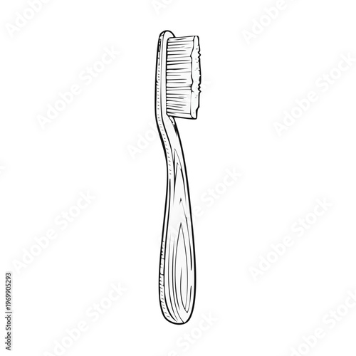 Hand drawn illustration of a bamboo toothbrush with bristles against a white background