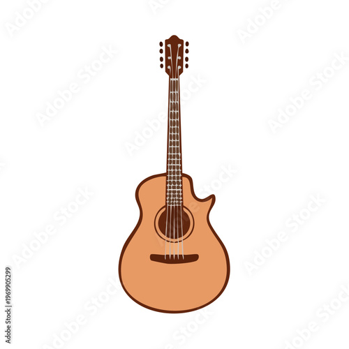 Acoustic guitar with six strings and a warm wood finish, a classic musical instrument