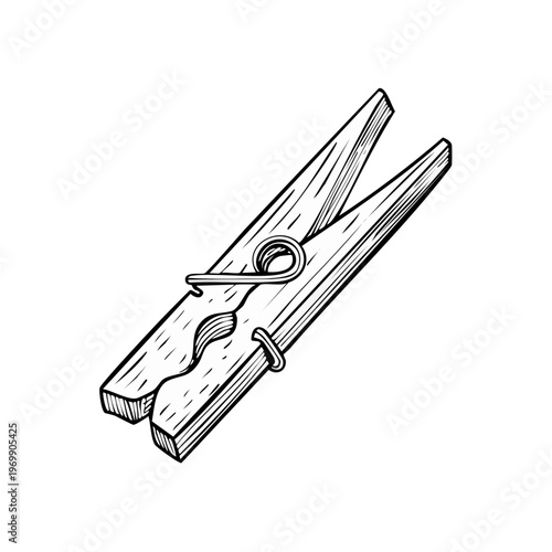 Hand drawn illustration of a wooden clothespin with a metal spring for laundry