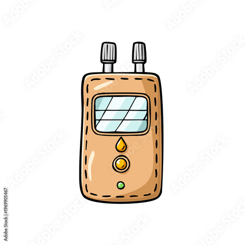 Cartoon illustration of a handheld portable gas detector with a display screen and sensor inputs