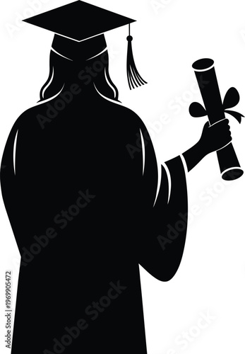 Silhouette of a graduate holding a diploma and wearing a graduation cap.
