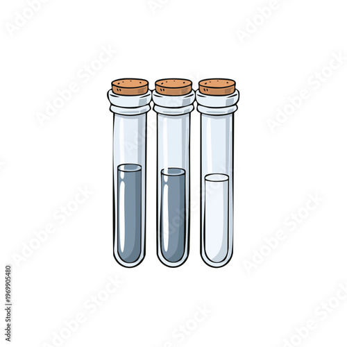 Three glass laboratory test tubes filled with liquids and capped with corks for scientific experiments