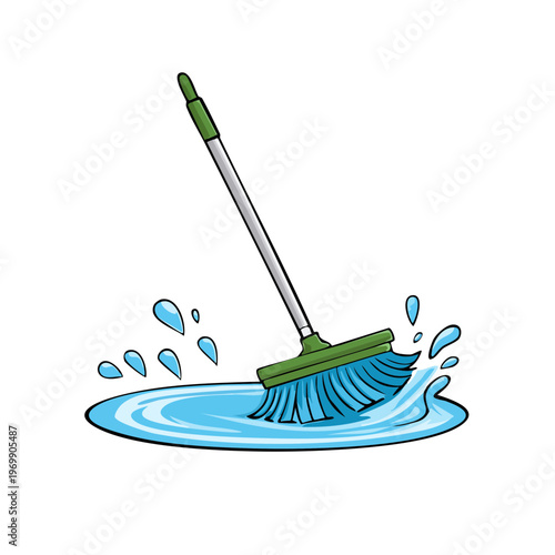 Cartoon broom cleaning a puddle of water with splashing droplets