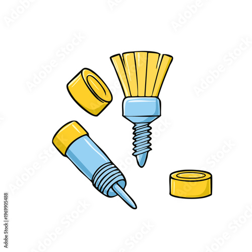 Creative craft glue bottle with applicator brush and caps isolated on white background