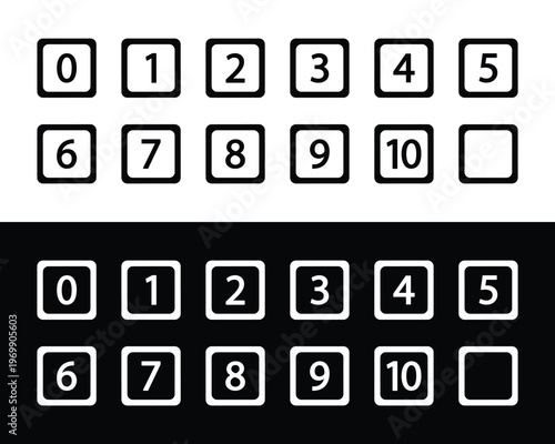 Minimal Number Icons Set 0-10 in Square Buttons Light and Dark Theme UI Design