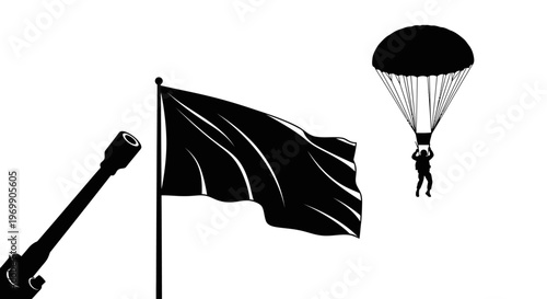 Black flag, parachute soldier, and cannon barrel, symbolizing war, conflict, and military action.