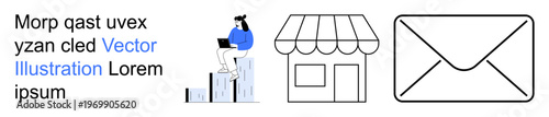 Online services, e-commerce, communication tools, remote work, business operations, digital innovation. Woman with laptop, storefront envelope icon. Online services and e-commerce concept