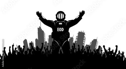 EOD Soldier Stands Victorious Over Riot Crowd and Ruined Cityscape