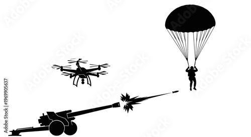 Drone, Artillery, and Parachutist: Modern Warfare and Military Technology Concept